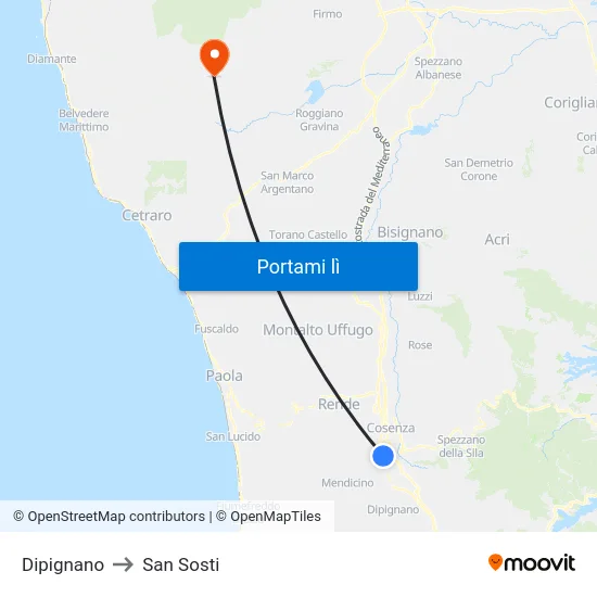 Dipignano to San Sosti map
