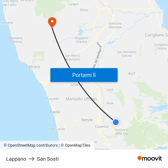 Lappano to San Sosti map