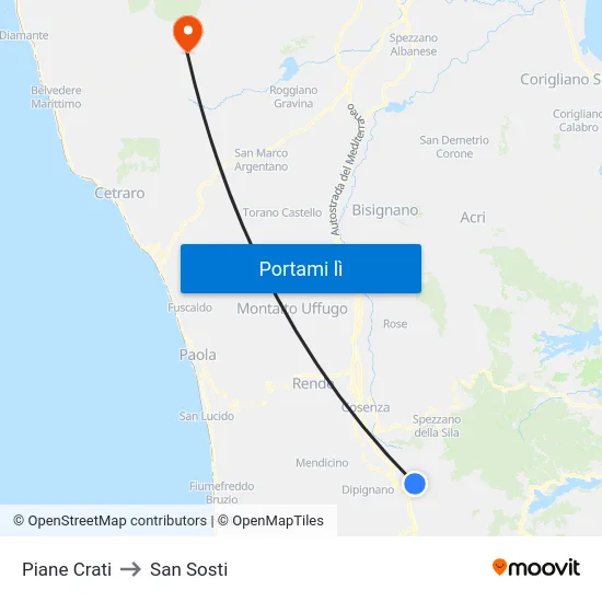 Piane Crati to San Sosti map