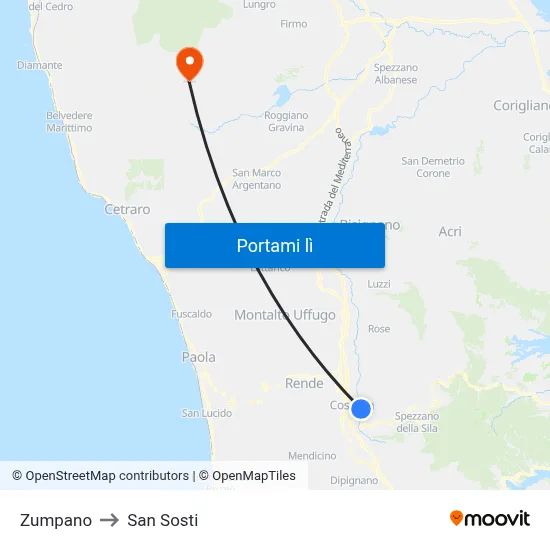 Zumpano to San Sosti map