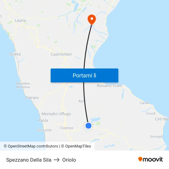 Spezzano Della Sila to Oriolo map