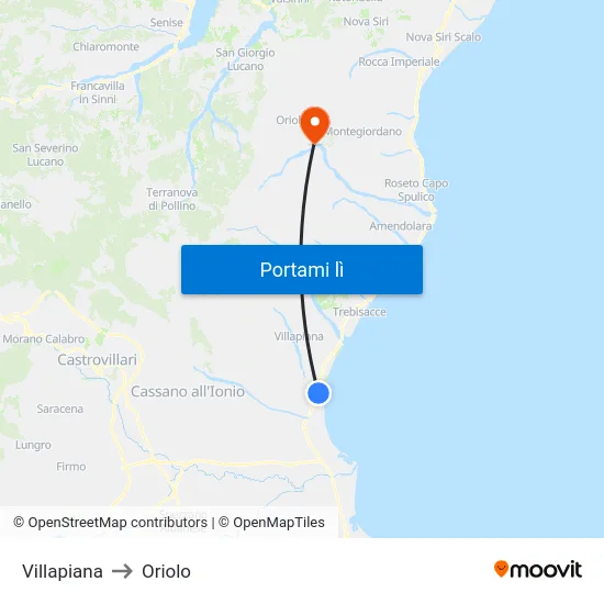 Villapiana to Oriolo map