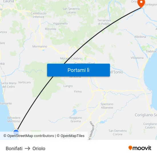 Bonifati to Oriolo map
