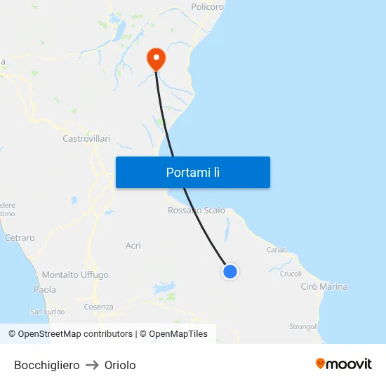 Bocchigliero to Oriolo map