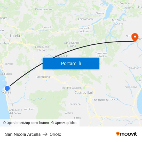 San Nicola Arcella to Oriolo map
