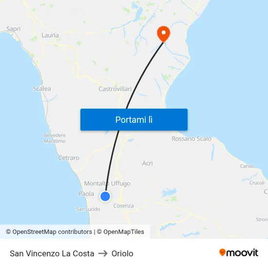 San Vincenzo La Costa to Oriolo map