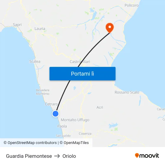 Guardia Piemontese to Oriolo map