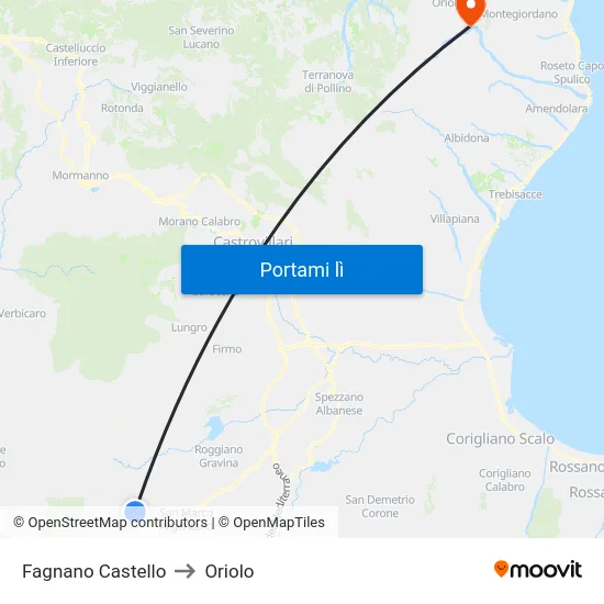 Fagnano Castello to Oriolo map