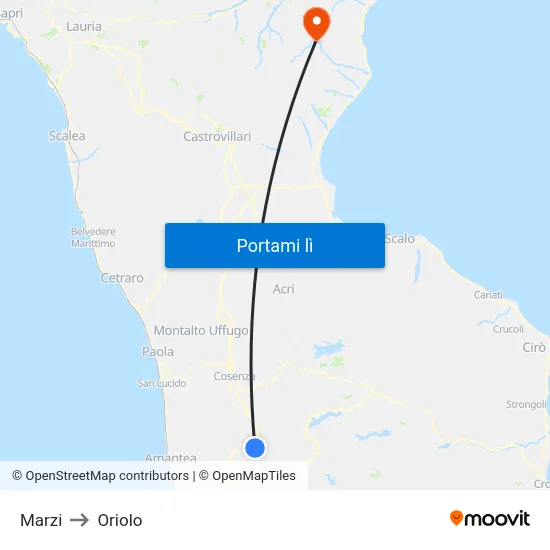 Marzi to Oriolo map