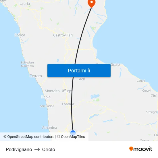 Pedivigliano to Oriolo map