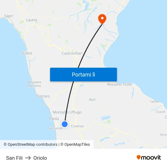 San Fili to Oriolo map