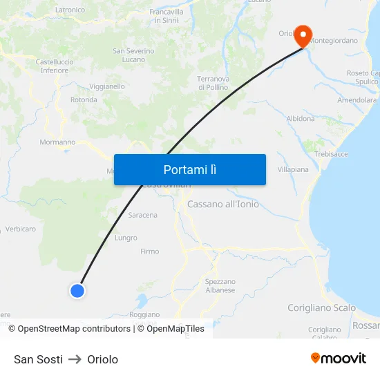 San Sosti to Oriolo map