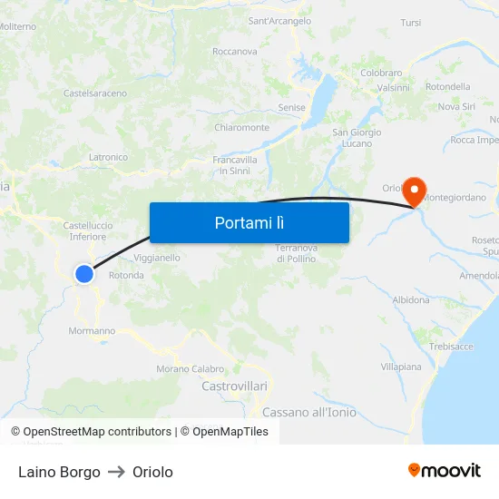 Laino Borgo to Oriolo map