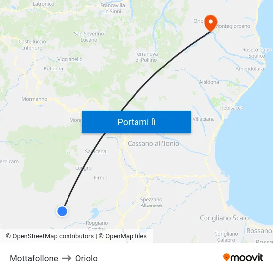 Mottafollone to Oriolo map