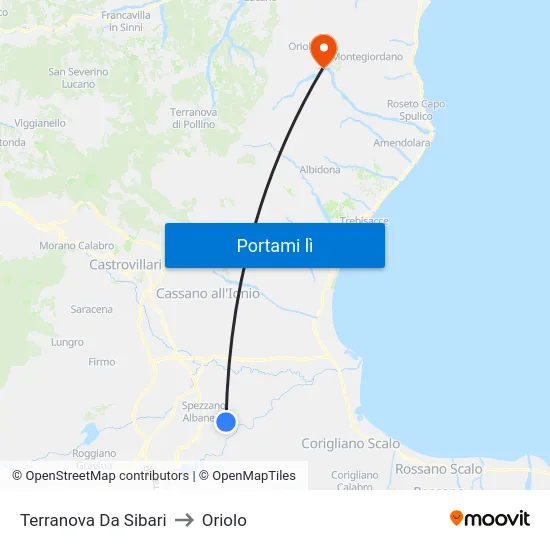 Terranova Da Sibari to Oriolo map