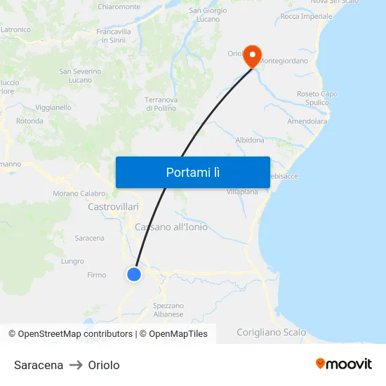 Saracena to Oriolo map