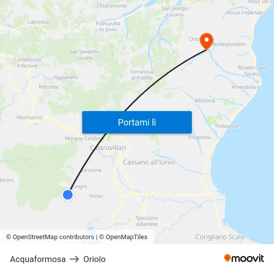 Acquaformosa to Oriolo map