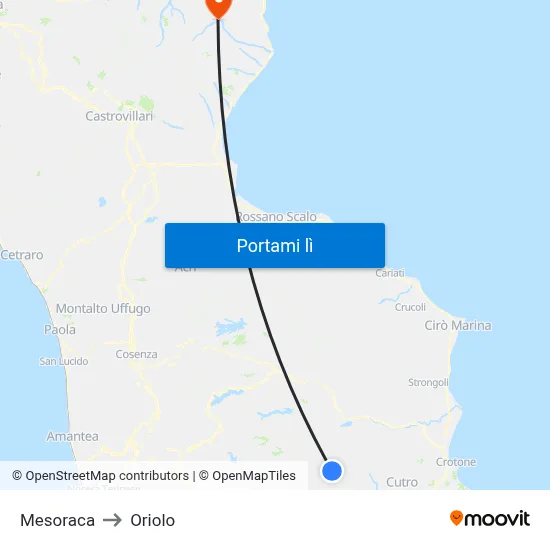 Mesoraca to Oriolo map