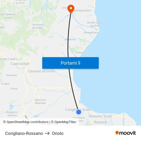Corigliano-Rossano to Oriolo map