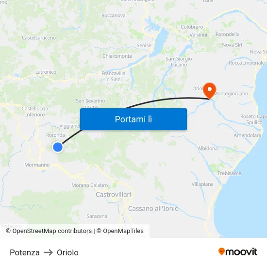 Potenza to Oriolo map
