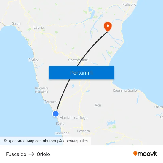 Fuscaldo to Oriolo map