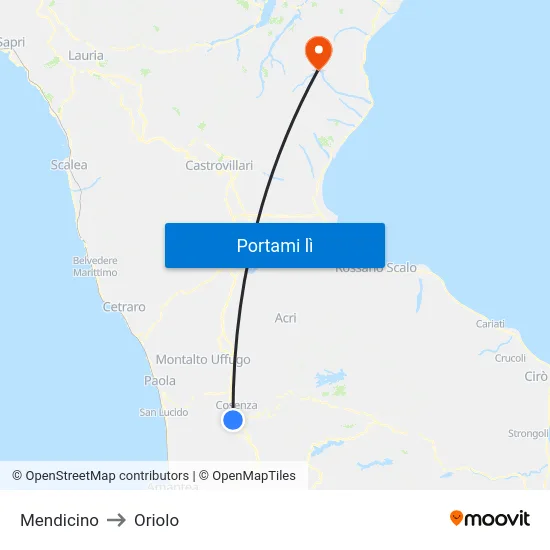 Mendicino to Oriolo map