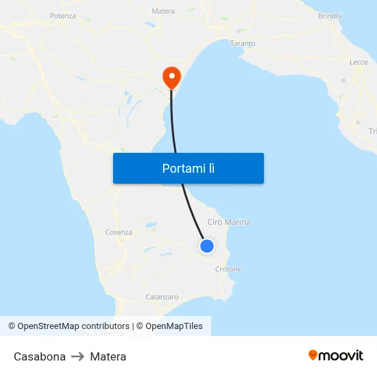 Casabona to Matera map