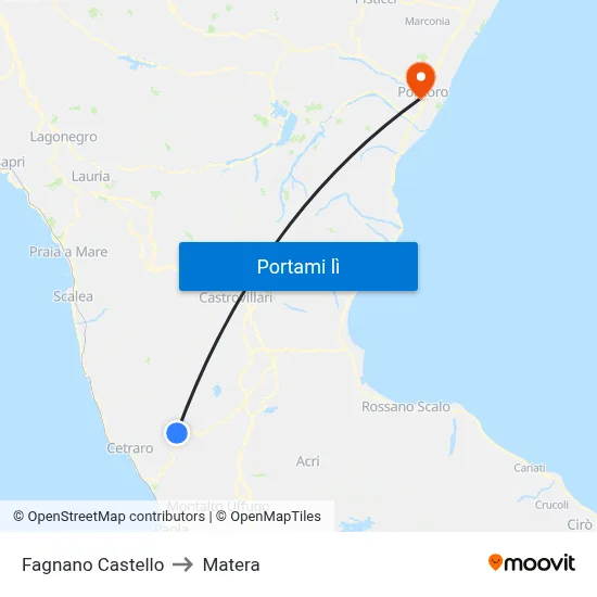 Fagnano Castello to Matera map