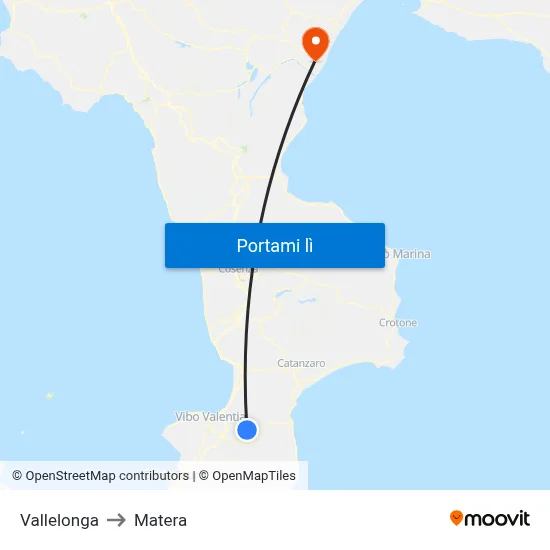 Vallelonga to Matera map