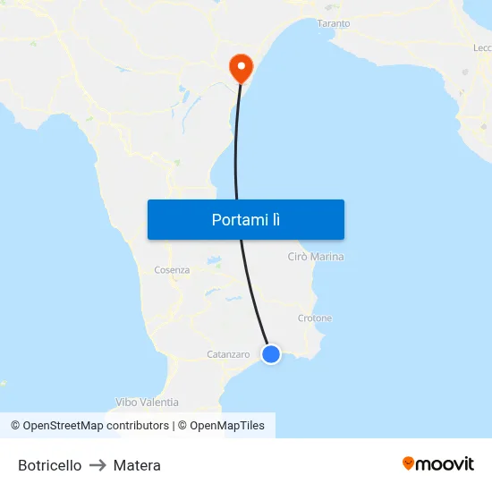 Botricello to Matera map