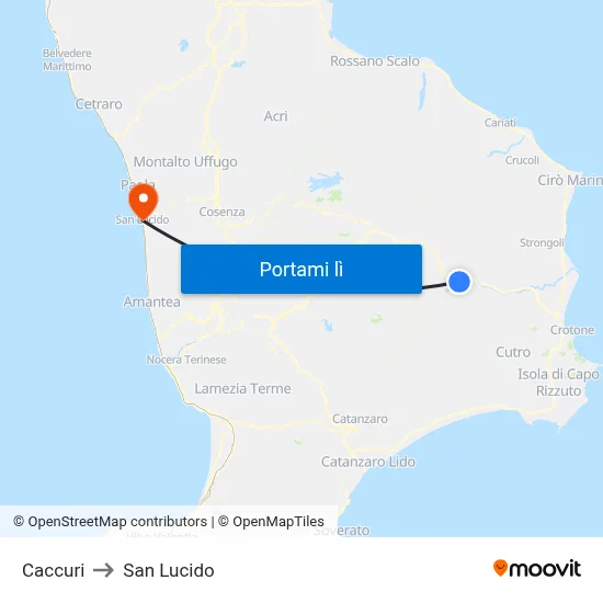 Caccuri to San Lucido map