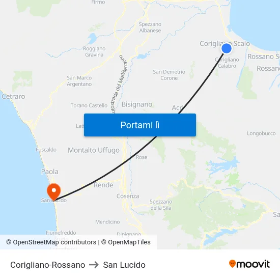 Corigliano-Rossano to San Lucido map