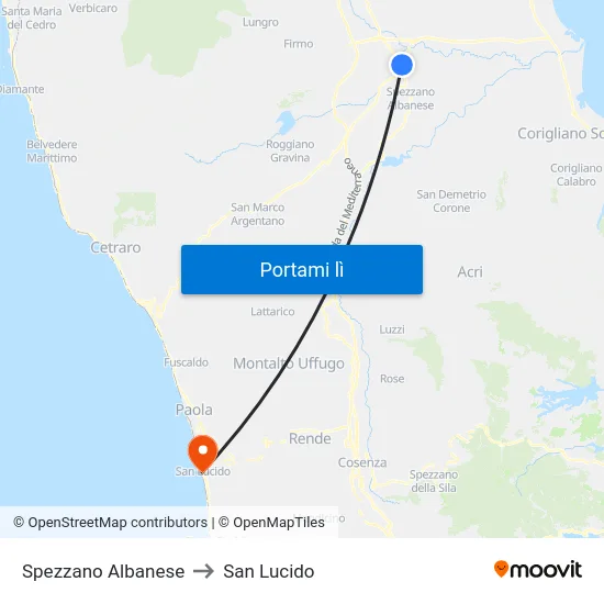 Spezzano Albanese to San Lucido map