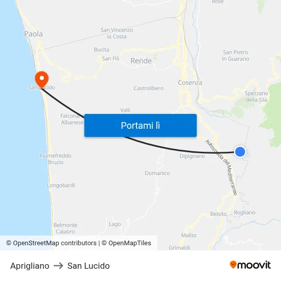 Aprigliano to San Lucido map