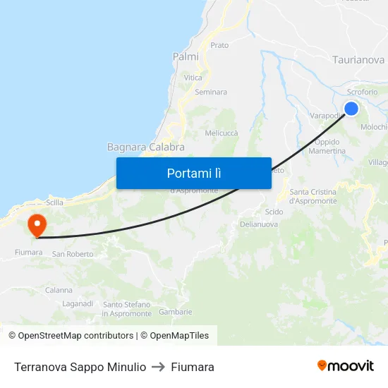 Terranova Sappo Minulio to Fiumara map
