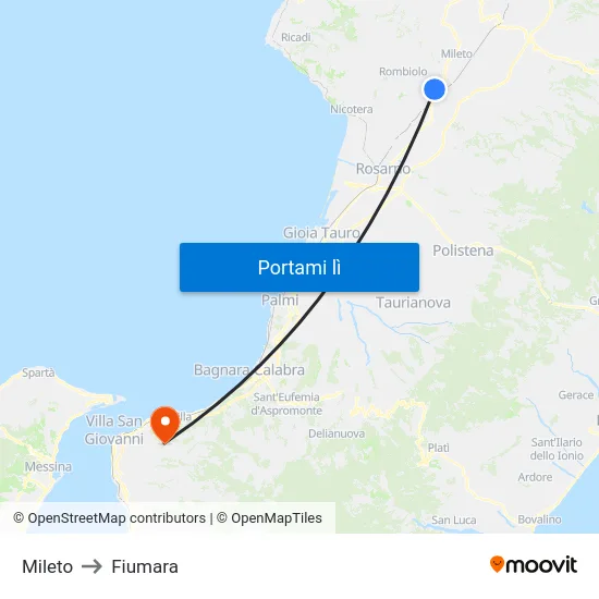 Mileto to Fiumara map