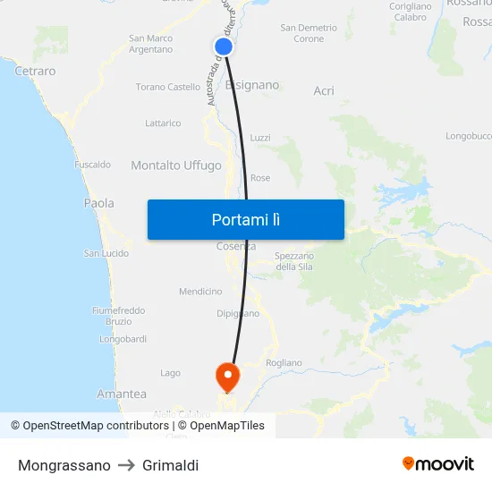 Mongrassano to Grimaldi map