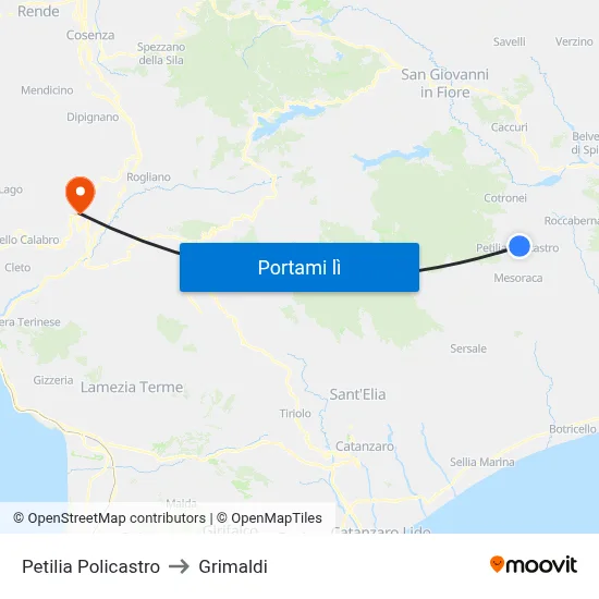 Petilia Policastro to Grimaldi map