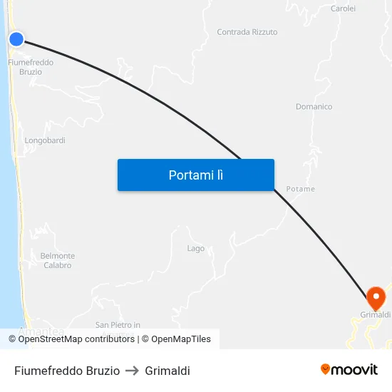 Fiumefreddo Bruzio to Grimaldi map