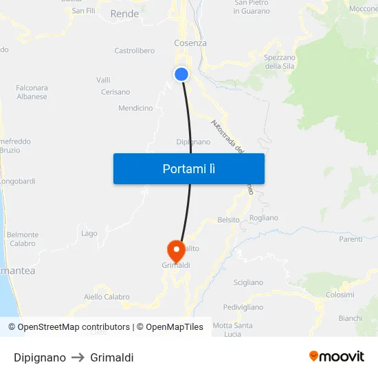 Dipignano to Grimaldi map