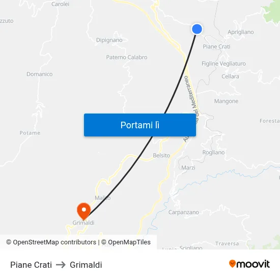 Piane Crati to Grimaldi map