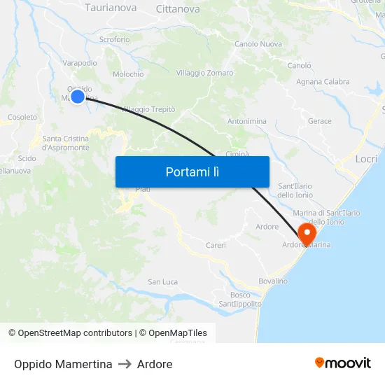 Oppido Mamertina to Ardore map