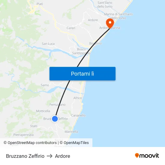 Bruzzano Zeffirio to Ardore map
