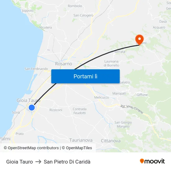 Gioia Tauro to San Pietro Di Caridà map