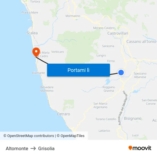 Altomonte to Grisolia map