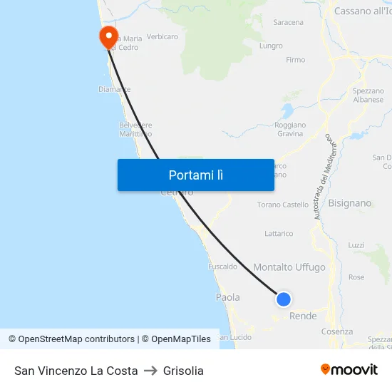 San Vincenzo La Costa to Grisolia map