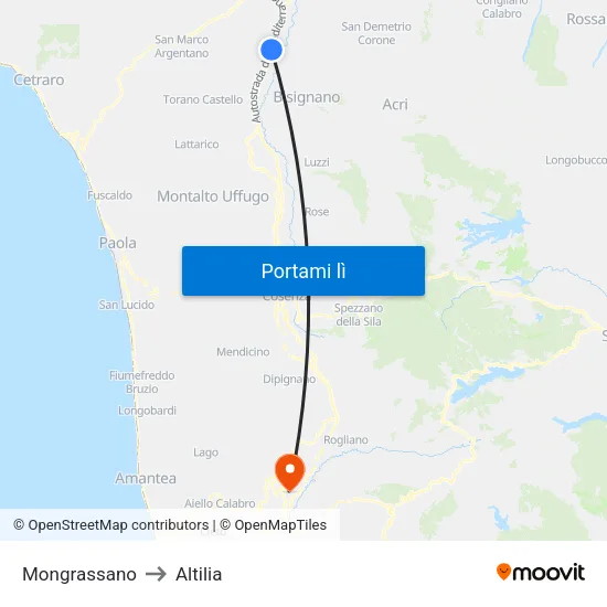Mongrassano to Altilia map