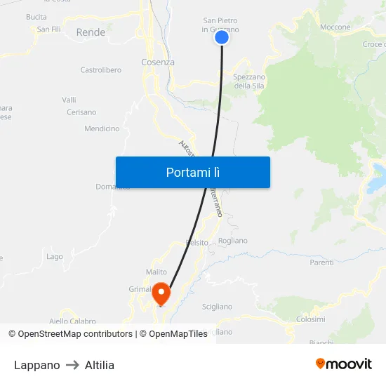 Lappano to Altilia map