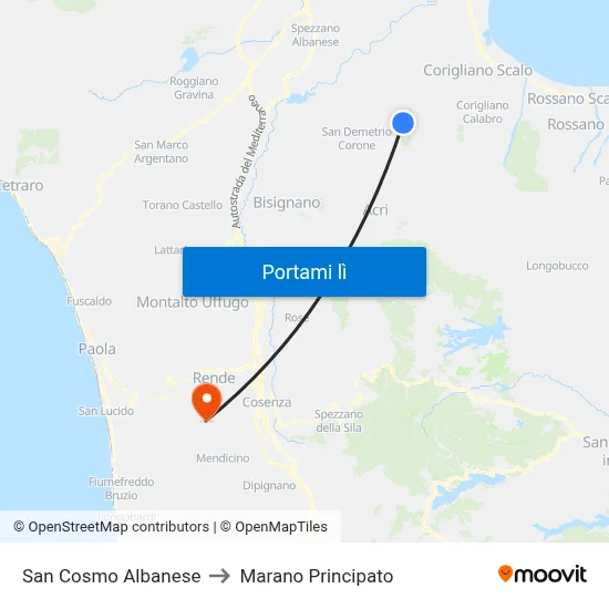 San Cosmo Albanese to Marano Principato map