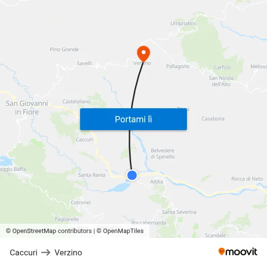 Caccuri to Verzino map
